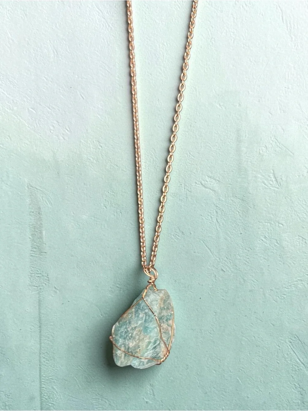 AMAZONITE raw cute natural wire wrapped stone pendant necklace on gold chain NEW